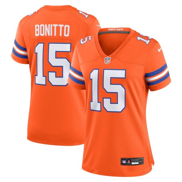 Women's Nike #15 Nik Bonitto Orange Denver Broncos Alternate 2 Mile High Collection 1977 Throwback Game Jersey
