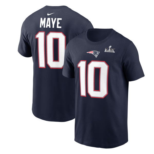 Men's New England Patriots Drake Maye Nike Navy Super Bowl LX Patch T-Shirt