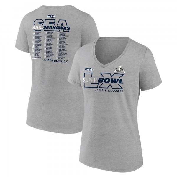 Women's Seattle Seahawks  Fanatics Heather Gray Super Bowl LX Roster V-Neck T-Shirt