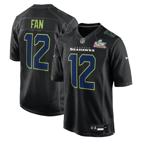 Men's Seattle Seahawks 12s Nike Black Super Bowl LX Patch Carbon Fashion Game Jersey