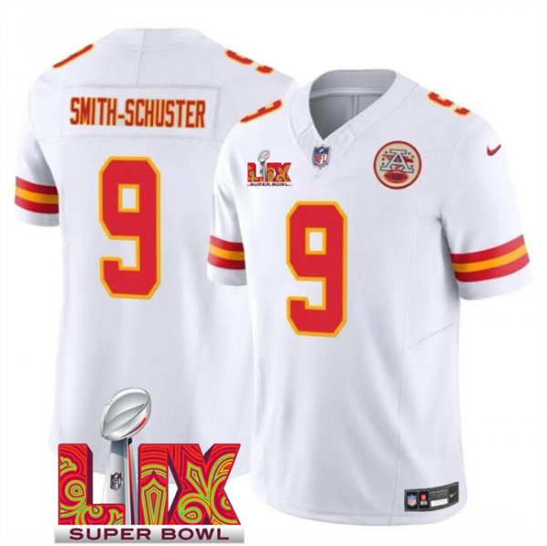 Men's Kansas City Chiefs #9 JuJu Smith-Schuster White Super Bowl LIX F.U.S.E. Vapor Limited Stitched Jersey