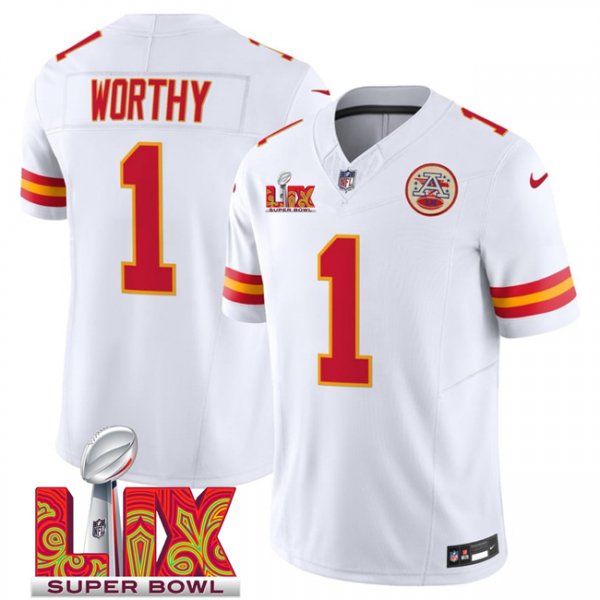 Youth Kansas City Chiefs #1 Xavier Worthy White Super Bowl LIX F.U.S.E. Vapor Limited Stitched Jersey