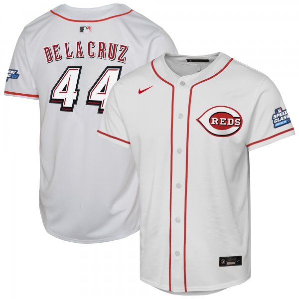 Youth Cincinnati Reds #44 Elly De La Cruz Nike White 2025 MLB Speedway Classic Home Replica Player Jersey