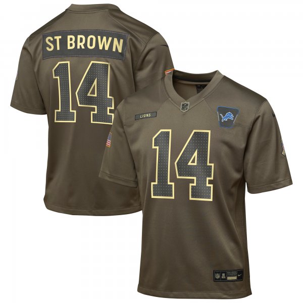 Youth #14 Amon-Ra St. Brown Detroit Lions Nike 2025 Salute to Service Game Olive Jersey