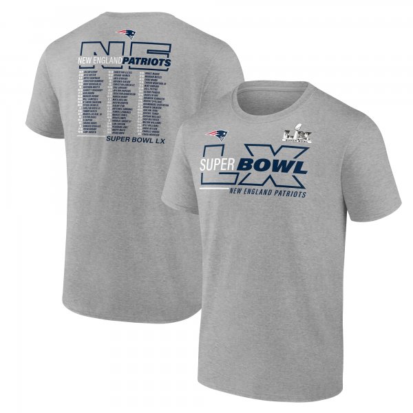 Men's New England Patriots Fanatics Heather Gray Super Bowl LX patch T-Shirt