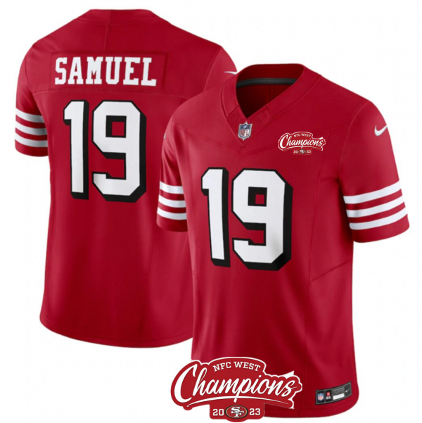 Men's San Francisco 49ers #19 Deebo Samuel Red 2023 F.U.S.E. NFC West Champions Patch Alternate Stitched NFL Jersey